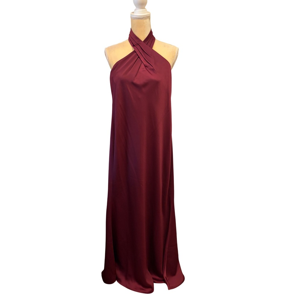 BHLDN Burgundy Satin Cross Front Halter Maxi Dress Gown Wine Red Size 0